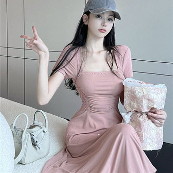 Knit Mid-Calf Dress, Solid Pink Casual A-Line, Square Neck Pullover Style