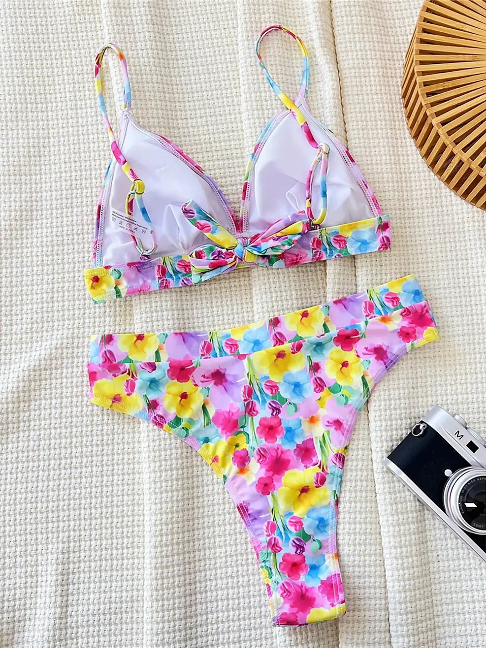 Cusuti Floral Print High Cut Bikini Swimsuit Two Piece Bathing Suit