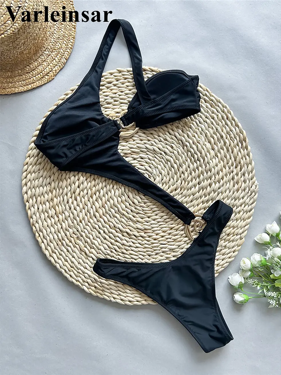 Cusuti One Shoulder Cut Out Swimsuit Monokini Metal Ring Bathing Suit