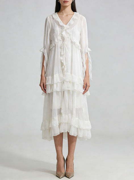 Casual Loose Ruffles A-LINE Ankle-Length Dresses, V-Neck Butterfly Sleeve,