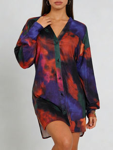 Tie Dye V Neck Dresses, Loose Fit A-Line Polyester Midi Dresses, Single