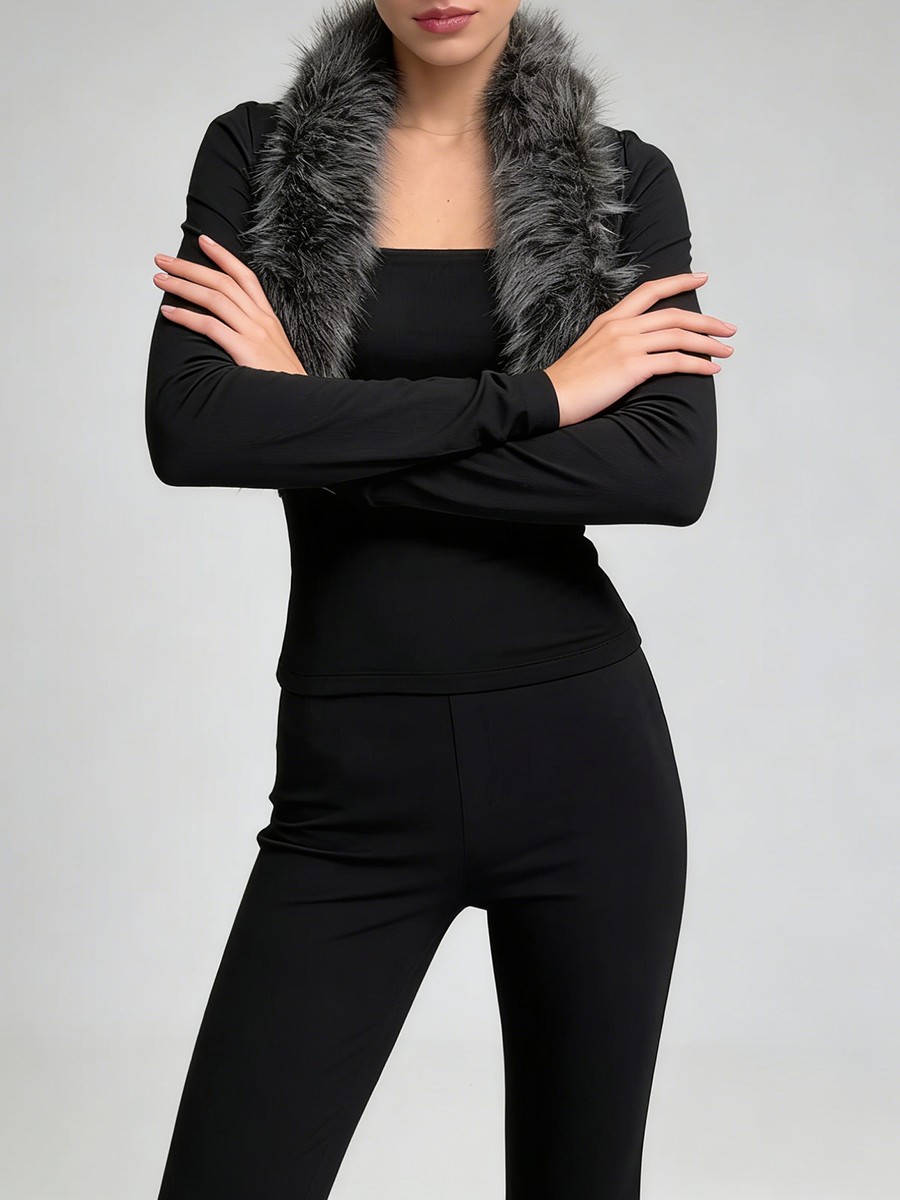 Black Fur Collar Two Piece Sets, Turn Down Collar Polyester Jacket for Black Fur Collar Two Piece Sets, Turn Down Collar Polyester Jacket view 3