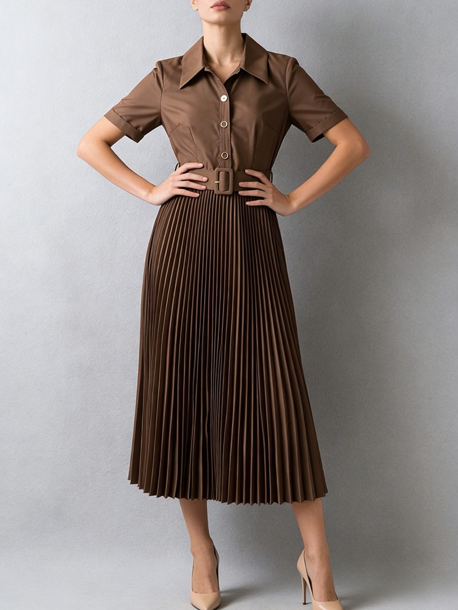 Midi Dress, Solid, Folds Decoration, Polyester Woven, Turn Down Collar for Midi Dress, Solid, Folds Decoration, Polyester Woven, Turn Down Collar view 1