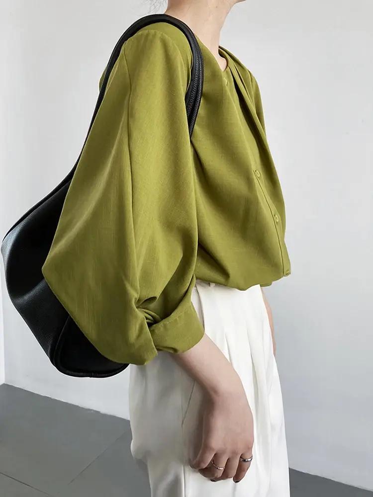 Women's Relaxed-Fit Three-Quarter Sleeve Top in (color), featuring a classic O-neck collar and single-breasted closure. Soft