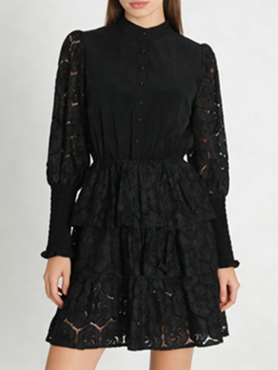 Hollow Out Mini Dress, Stand Neck A Line Polyester Dress, Tatting Ruffles for Long Sleeve A Line with Tatting view 4