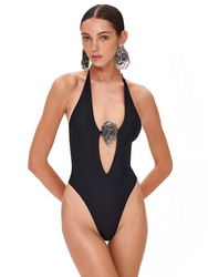 A detailed image of the Sabrina Carpenter black two-piece deep V-neck halter swimsuit from Cusuti, showcasing the halter neck