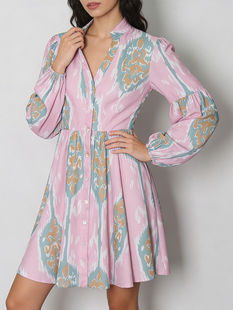Loose V-Neck Printed A-LINE Dress, Polyester Woven, Single Breasted, Lantern
