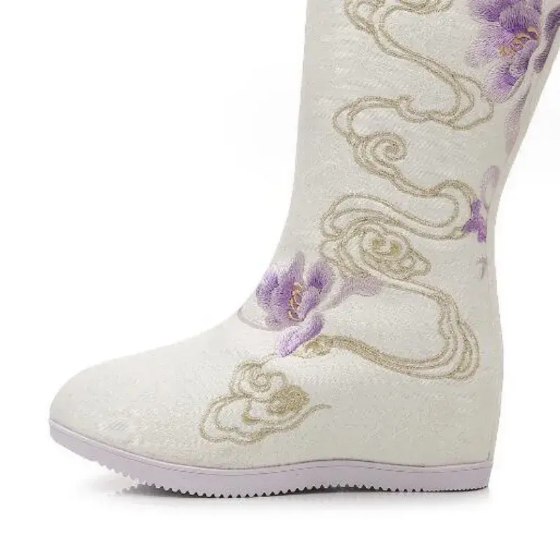 Thumbnail: Round Toe Embroidered Long Boots Side Zip Mid-Calf Booties