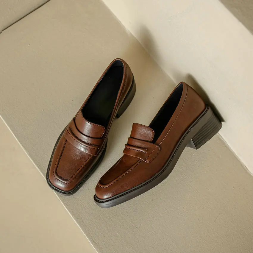 Genuine Leather Round Toe Loafers Med Square Heel Platform Office Casual for Genuine Leather Round Toe Loafers Med Square Heel Platform Office Casual view 4