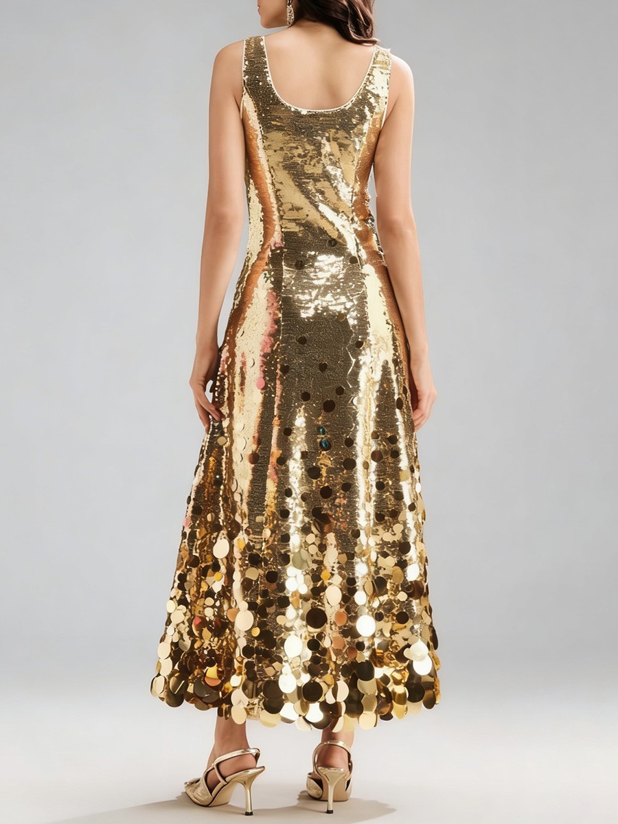 Sequined Ankle-Length A-LINE Dress, Square Neck Spaghetti Strap Gold Polyester for Sequined Ankle-Length A-LINE Dress, Square Neck Spaghetti Strap Gold Polyester - view 4