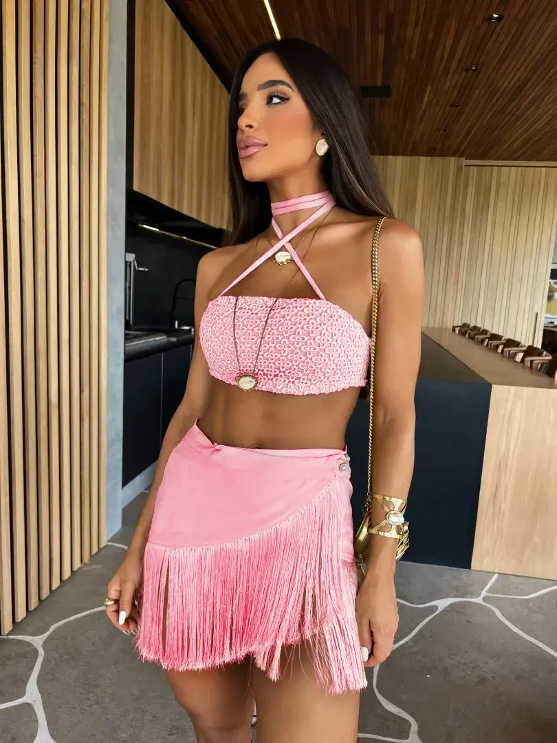 Cusuti Two Piece Lace Halter Bra and Tassel Mini Skirt Set