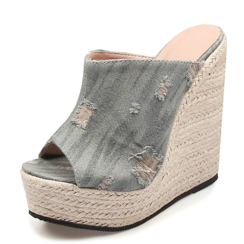 Blue Denim Upper Wedge Platform Super High Heels Mules Slides Peep Toe Casual for Blue Denim Upper Wedge Platform Super High Heels Mules Slides Peep Toe Casual view 3
