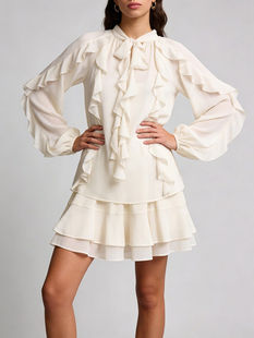 Two Piece Sets, Ruffle O-Neck Top, Mini Skirt Set, Polyester Woven