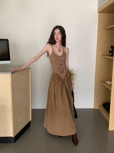 Maxi Dress, Vintage A-Line, Brown Cotton Polyester, Spaghetti Strap
