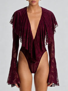 Rompers, Playsuits, Ruffles, V Neck, Polyester, Slimming