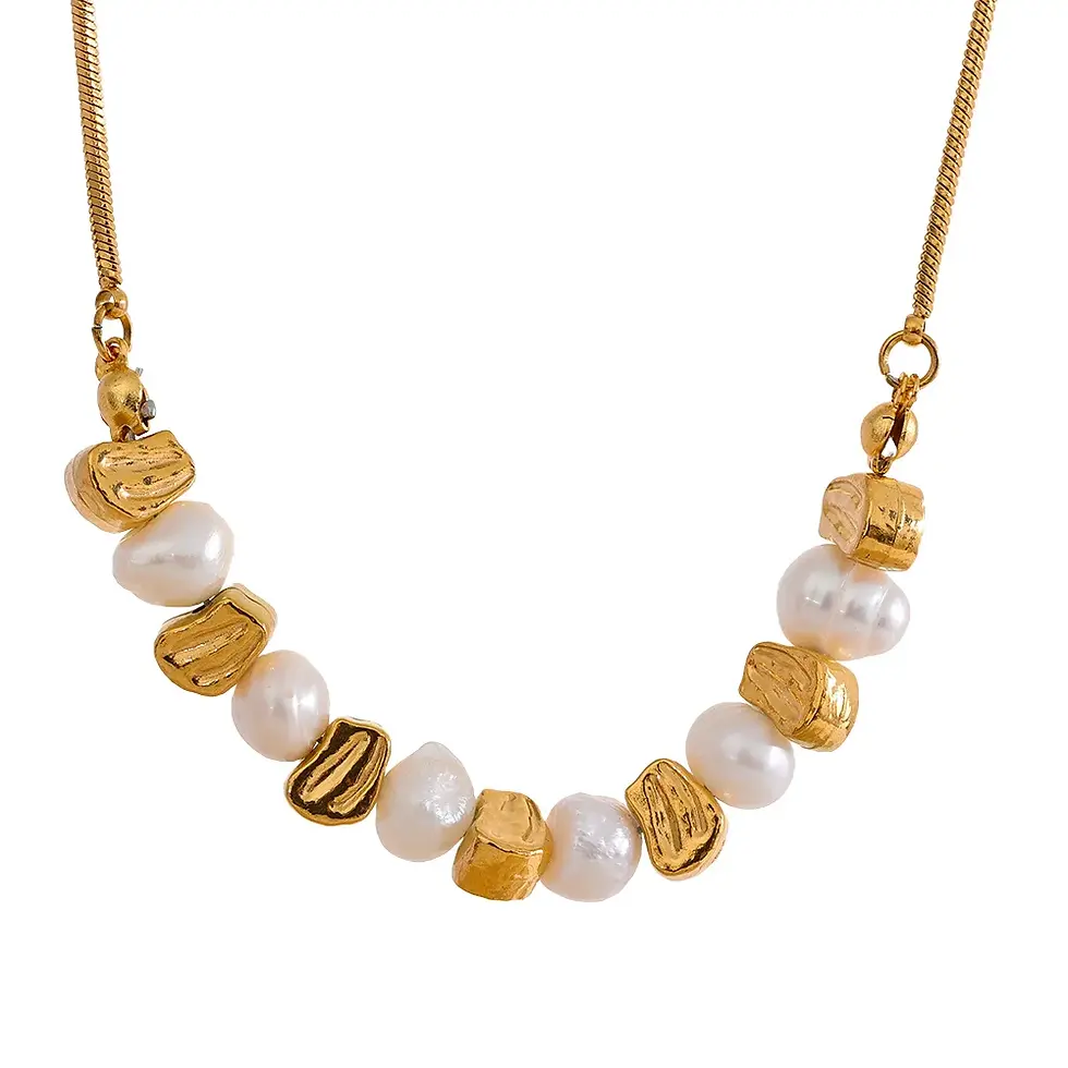 A  jewelry set featuring a freshwater pearl necklace and bracelet on a stainless steel chain with a lobster clasp closur