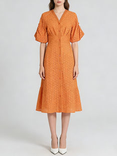 V-Neck Solid Hollow Out Polyester A-Line Dress, Puff Sleeve, Mid-Calf