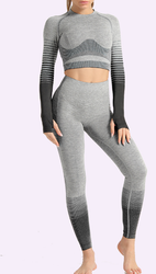 Cusuti Grey & Black Long Sleeve Crop Top with thumb holes and striped sleeves. Model wearing size medium.
