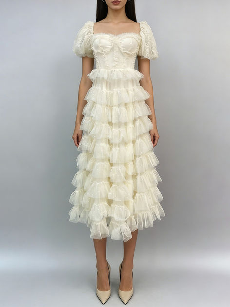 Casual Dresses, Dot Pattern, Square Collar, Ruffles Decoration