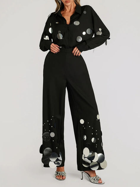 Sequins Two Piece Set, Wide Leg Pants, Polyester, Single Breasted