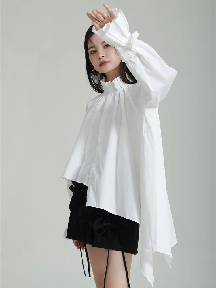 Women White Pleated Irregular Big Size Blouse New Stand Collar Long Sleeve Shir for Women White Pleated Irregular Big Size Blouse New Stand Collar Long Sleeve Shir view 3