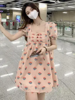 Print Mini Dress, Square Collar, Cotton Blend, Pink Blue