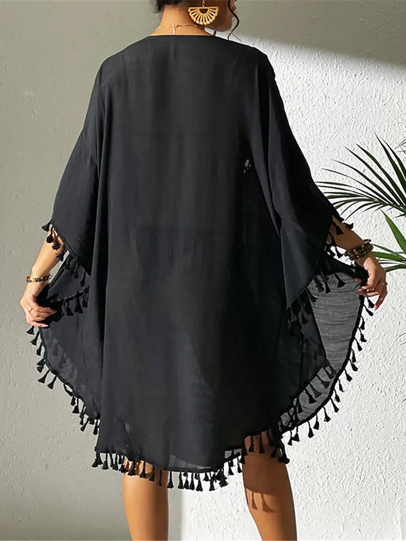 Cusuti Fringe Tassel Embroidery Tunic Beach Cover Up - Long Sleeve