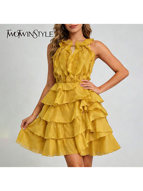 Ruffles Mini Dresses, Slim Fit Polyester A-LINE Dress, Sleeveless O-Neck Zipper