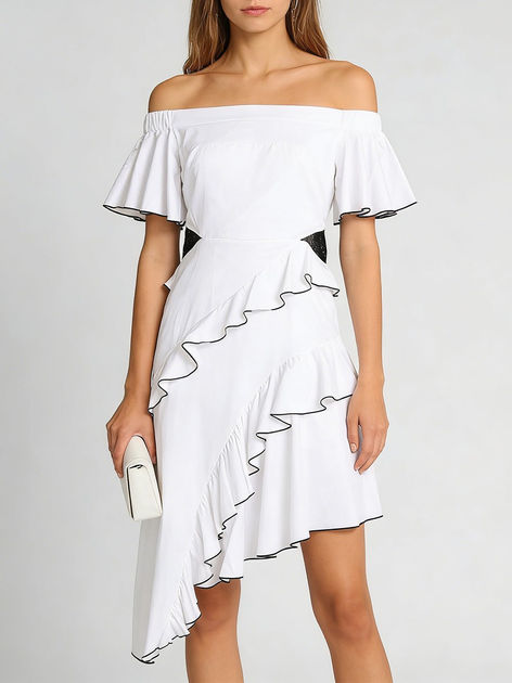 Ruffles Dresses, Patchwork Slash Neck Flare Sleeve Polyester Knee-Length