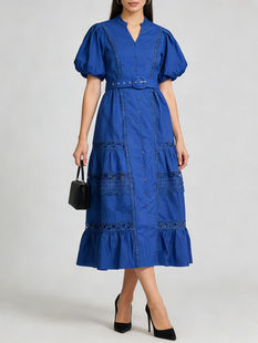 Solid Hollow Out V-Neck Dress, Polyester A-Line Midi Dress, Tatting Weave