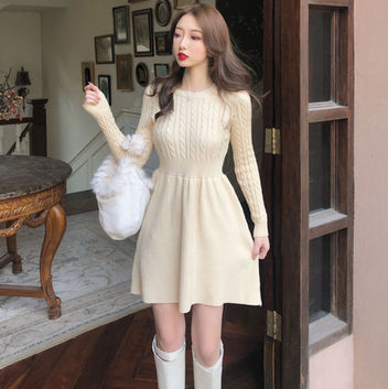 Knit Long Sleeve Mini Dress, Solid A-Line O-Neck Pullover, Black Beige Khaki