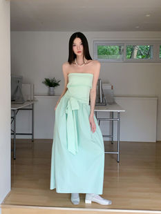 Mint Green Bow Ball Gown, Ankle-Length Dress, Strapless Tatting Polyester