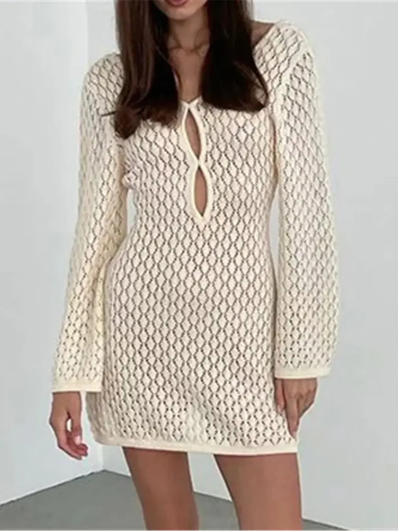 Cusuti Crochet Knitted Tunic Beach Cover Up Backless Cut Out
