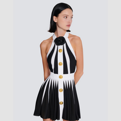 Halter Neck Sleeveless Mid-Calf Length Dress with Buttons White & Black Patchwor