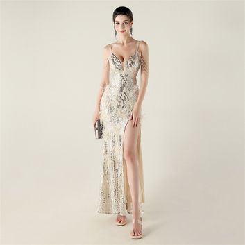 Evening Dresses, Sequin Mermaid V-Neck Backless Beading Feathers