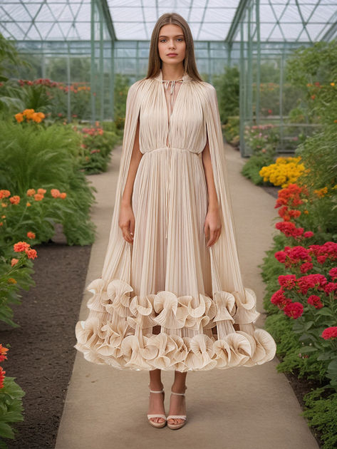 Solid Ruffles Dress, V-Neck Cloak Sleeves, Lace Closure, Ankle-Length Polyester