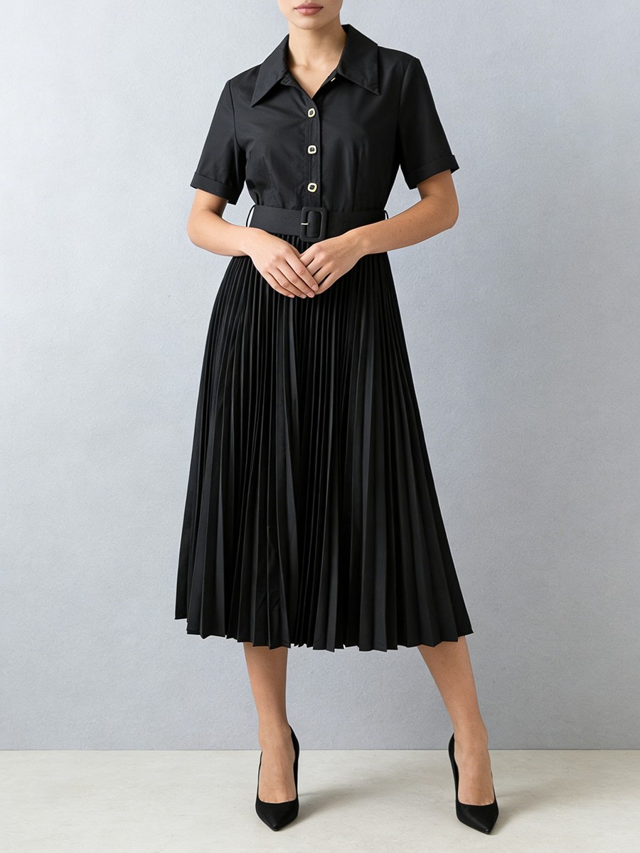 Midi Dress, Solid, Folds Decoration, Polyester Woven, Turn Down Collar for Midi Dress, Solid, Folds Decoration, Polyester Woven, Turn Down Collar view 4