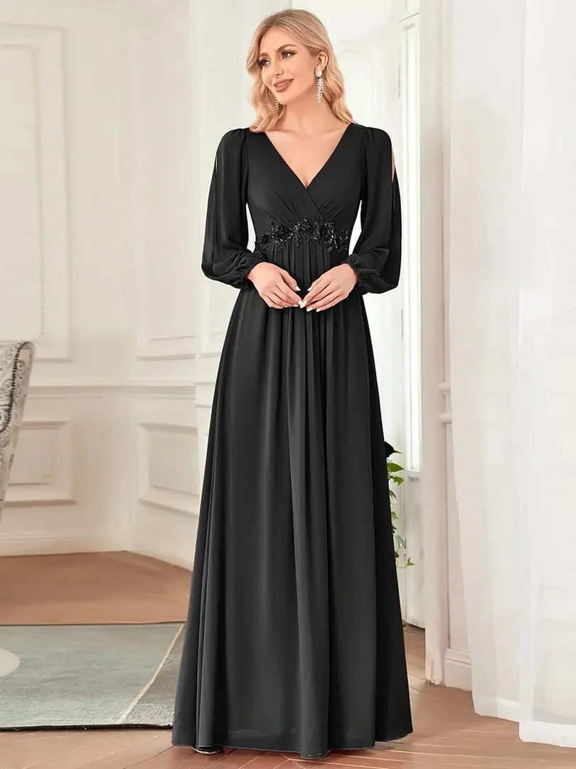 Cusuti Evening Dress- Classic A-Line Chiffon with V-Neck, Lace Appliques & Tassels