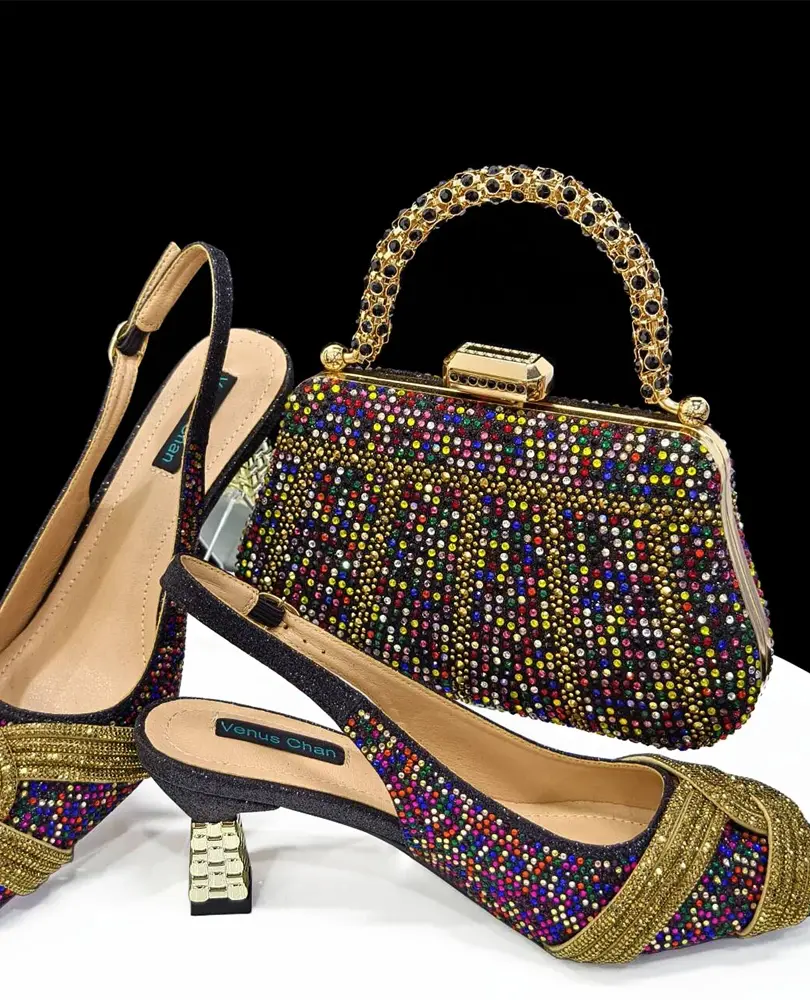 Mixed colors slingback pumps and bag set featuring a butterfly-knot detail and metal handle.