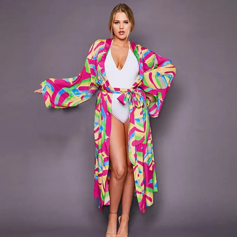 Cusuti Long Sleeve Beach Cover Up Kimono Maxi Dress Swimsuit Sarong Beachwear Robe
