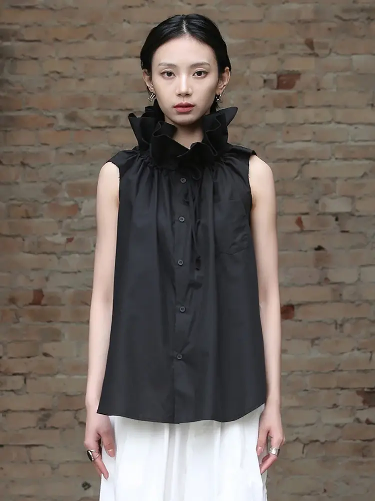 Cusuti Women's Sleeveless Shirt | White & Black | Stand collar, sleeveless