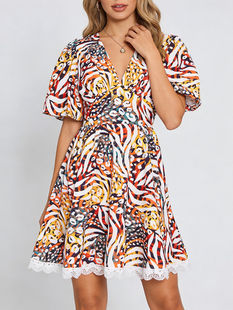 Casual Dresses, V-Neck Lace Print Mini Dresses, Polyester Puff Sleeve A-Line