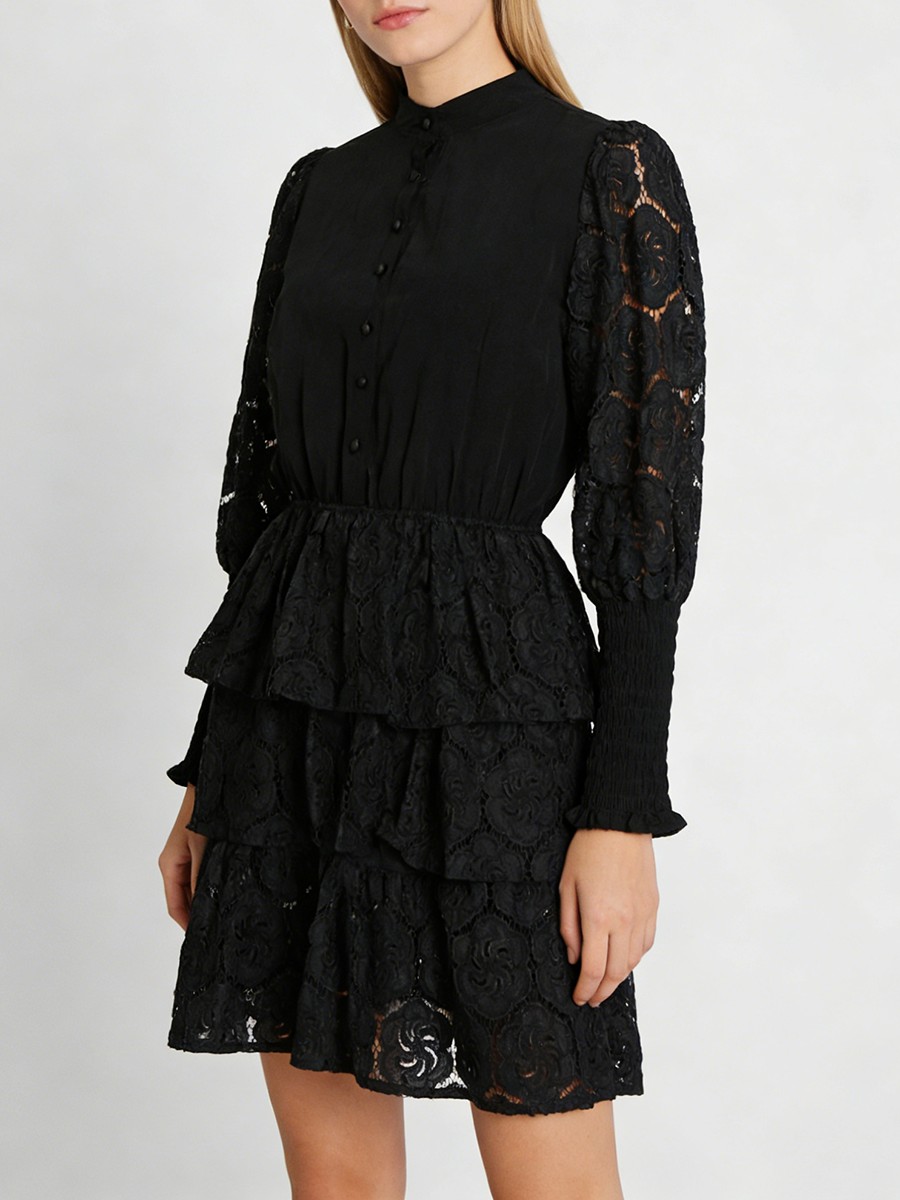 Hollow Out Mini Dress, Stand Neck A Line Polyester Dress, Tatting Ruffles for Long Sleeve A Line with Tatting view 1