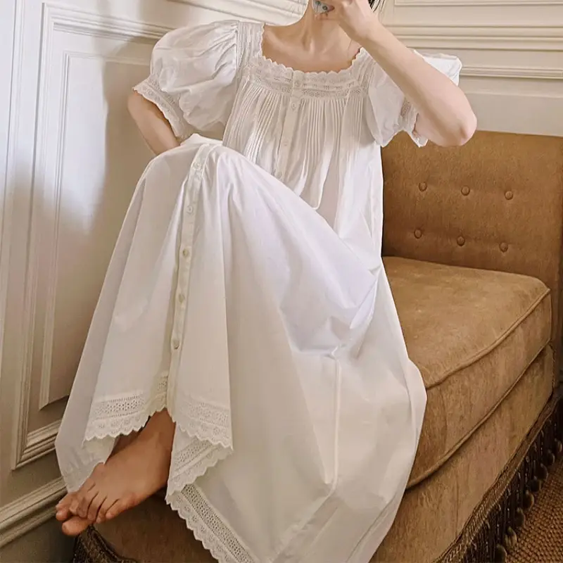 Cusuti White Cotton Nightgown Short Sleeve Long Sleepwear Lace Trim