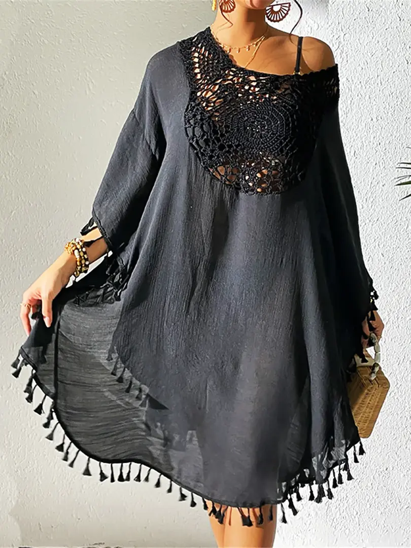 Cusuti Fringe Tassel Embroidery Tunic Beach Cover Up - Long Sleeve