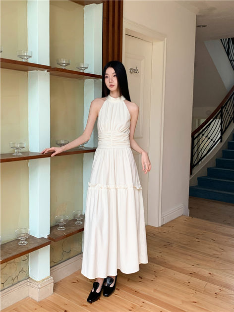 White Halter Neck A-Line Midi Dress, Polyester Cotton Blend, High Street Style