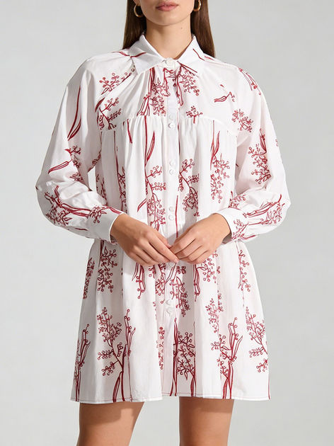 Printed Lapel Long Sleeve A-Line Dress, Ruched Button Decoration, Polyester