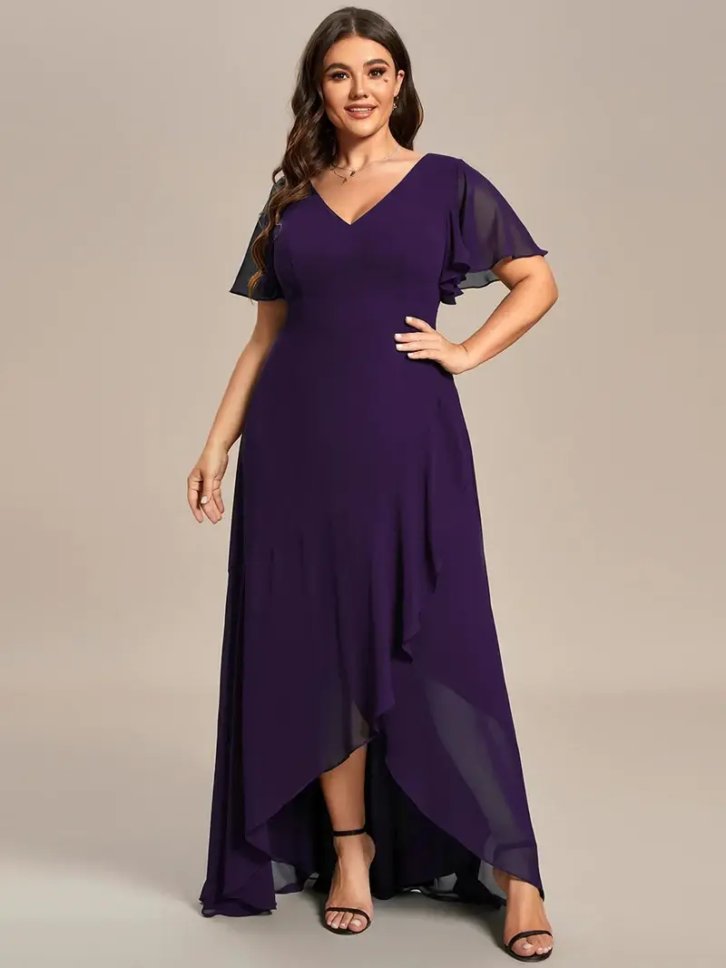 A photo of a model wearing a A-line evening dress made from flowing chiffon with a v-neckline, regular sleeves,