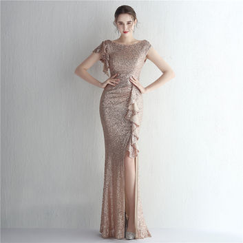 Evening Dresses, Sequins Trumpet Mermaid, Zipper Up Open Back, Floor-Length