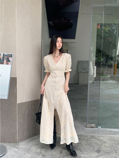 Floral Lace A-Line Dress, V-Neck Puff Sleeve, Ankle-Length Polyester, High